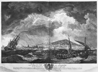 Der Hafen von Cette in Languedoc vom Meer aus gesehen hinter dem isolierten Wellenbrecher, Serie 